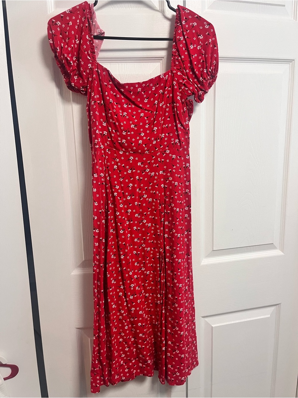 Red cottagecore romantic Floral Puff-Sleeve Midi Dress women’s XS